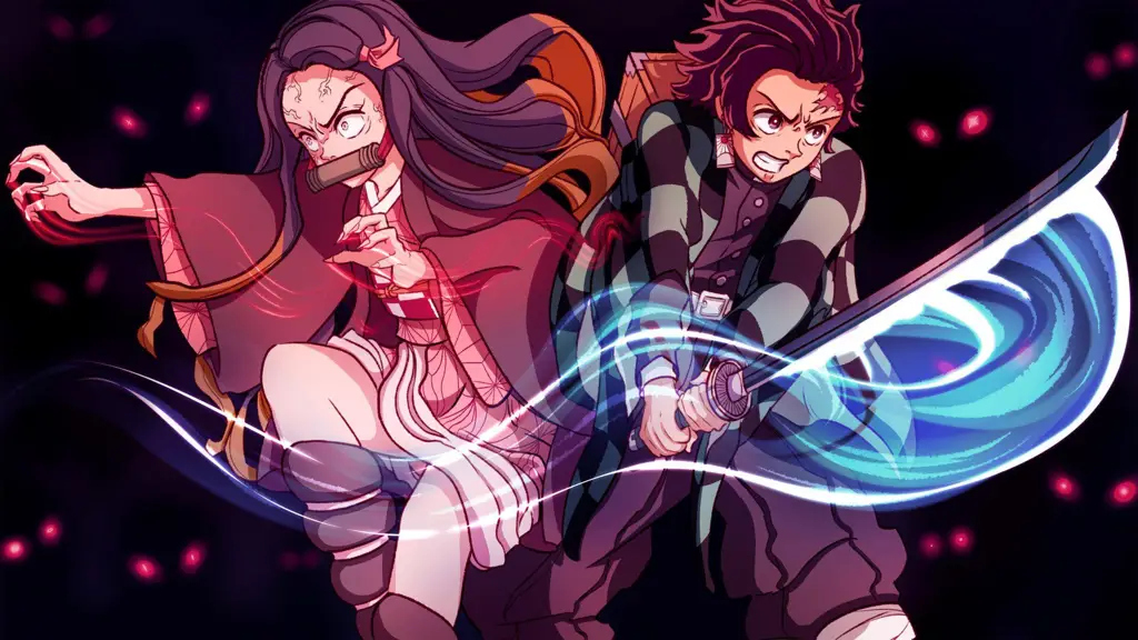 Gambar Nezuko dan Tanjiro dalam pose bertarung