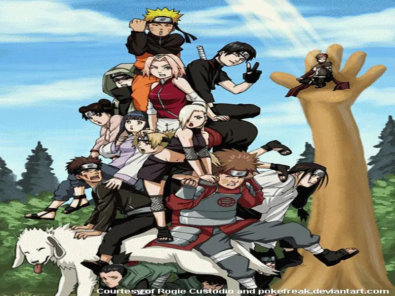 Gambar grup karakter Naruto, termasuk Naruto, Sasuke, Sakura, dan lainnya.