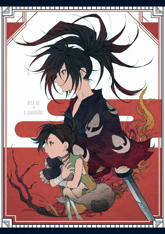 Gambar Hyakkimaru dan Dororo dalam sebuah adegan dari manga Dororo Ilustrasi Hyakkimaru dan Dororo dari manga