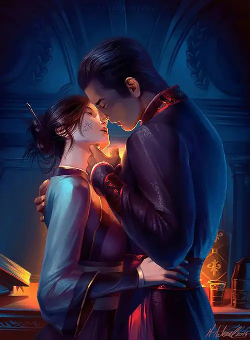 Ilustrasi pasangan romantis di dunia fantasi