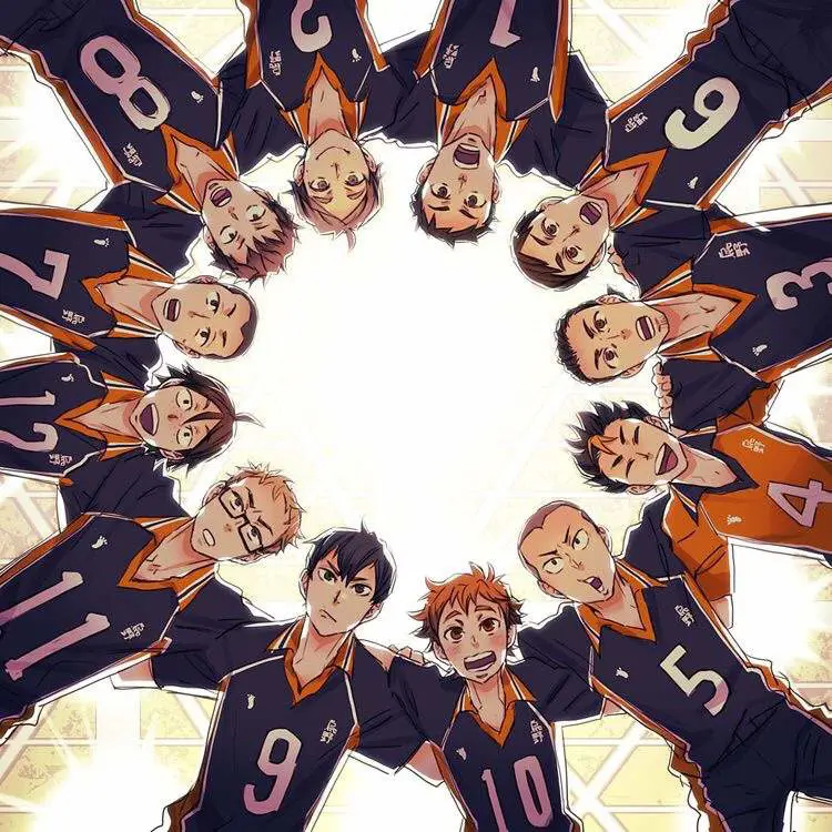 Gambar yang menampilkan Hinata, Kageyama, dan anggota tim Karasuno lainnya Karakter-karakter utama dalam anime Haikyuu!!