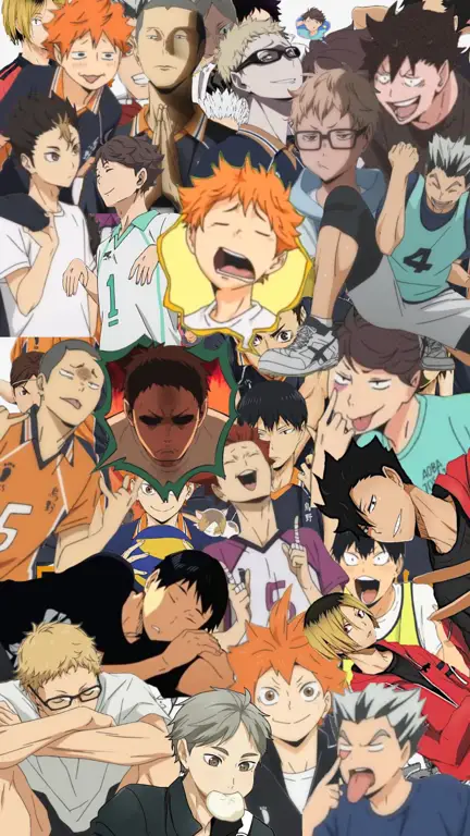 Gambar yang menampilkan karakter-karakter utama Haikyuu!! seperti Hinata, Kageyama, dan lainnya Karakter-karakter utama dalam anime Haikyuu!!