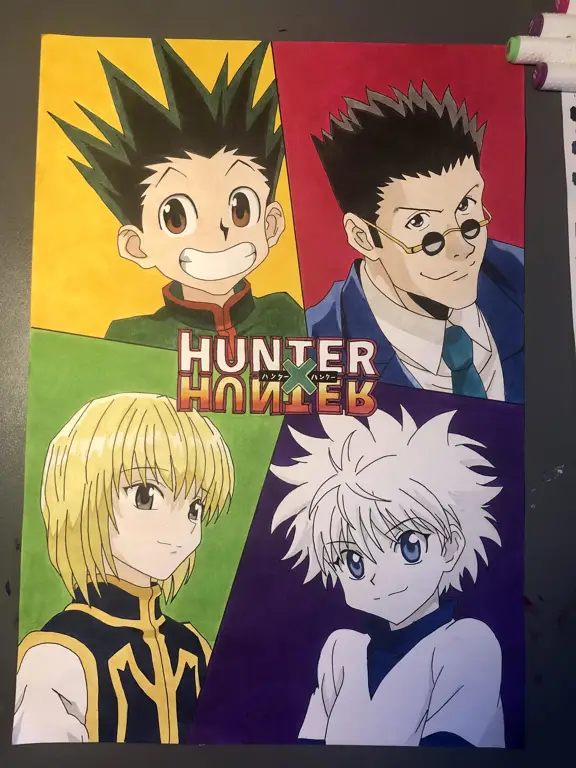 Gon, Killua, Kurapika, dan Leorio mengenakan seragam sekolah