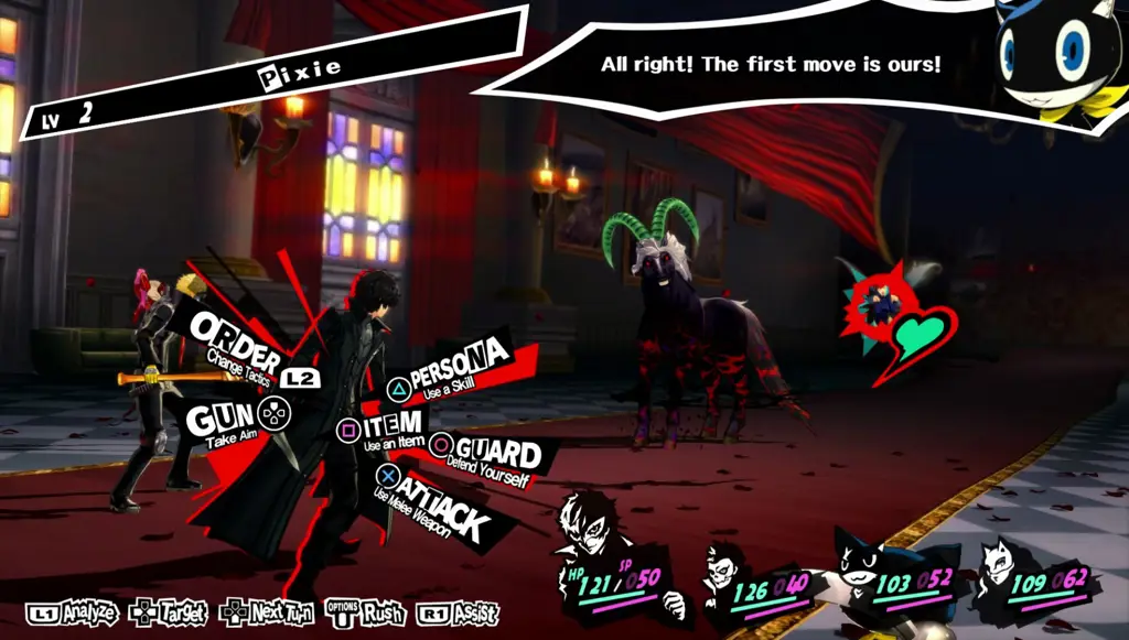 Gambar gameplay Persona 5 yang menampilkan pertarungan yang intens dan visual yang memukau.