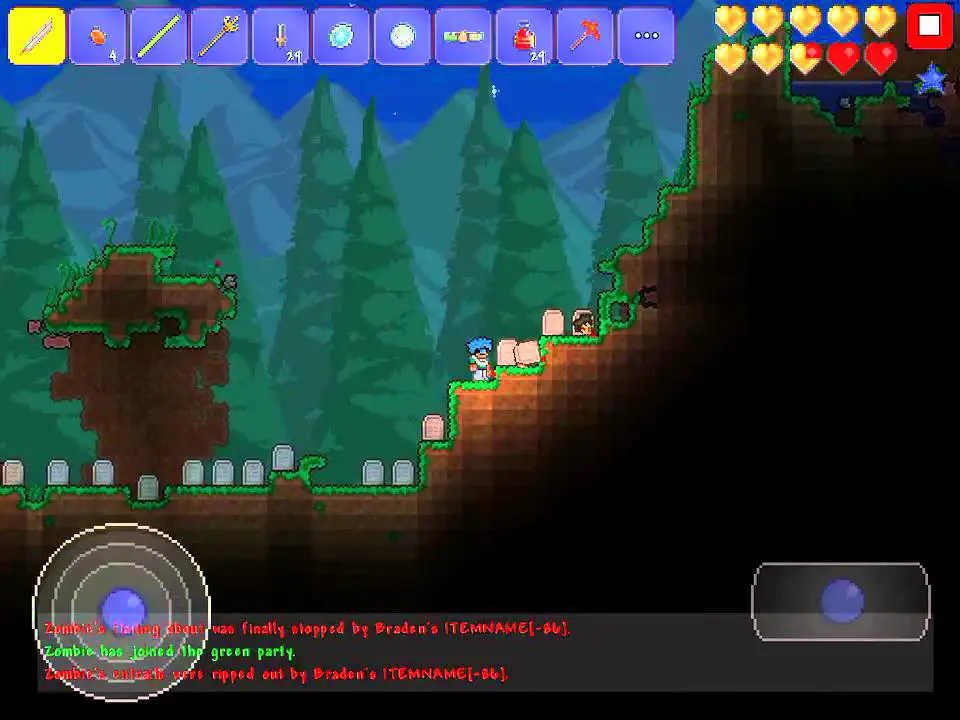 Gambar gameplay Terraria, menunjukkan karakter sedang melawan bos