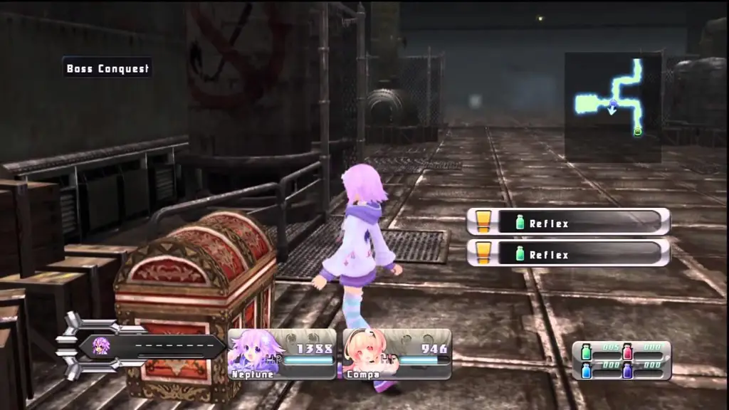 Cuplikan gameplay Hyperdimension Neptunia yang menunjukkan pertarungan dan eksplorasi