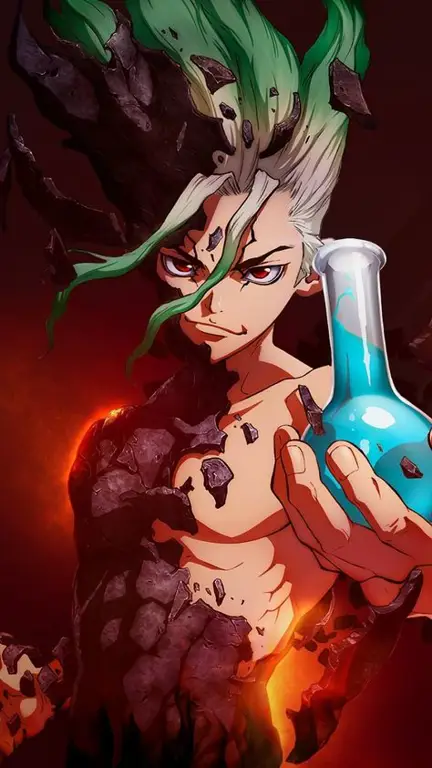 Gambar yang menampilkan gaya animasi khas anime Dr. Stone