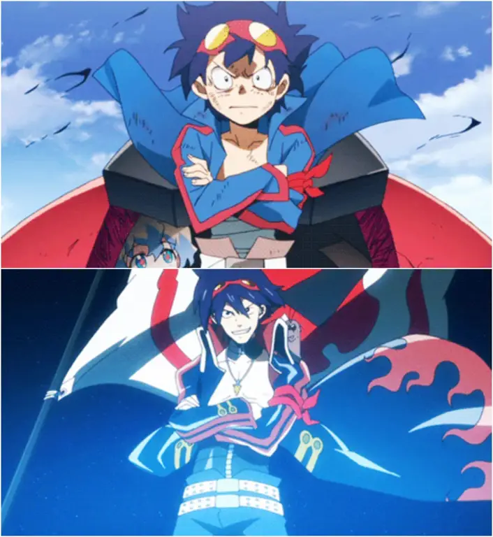 Gambar yang menampilkan gaya animasi Gurren Lagann yang dinamis dan energik.