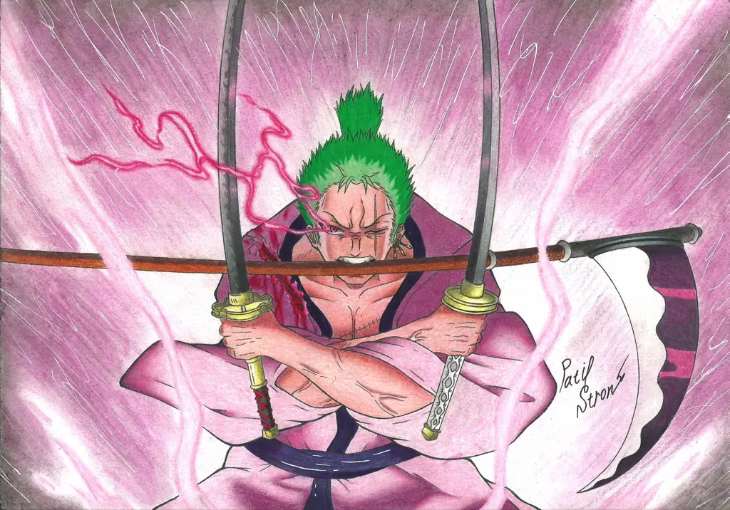 Gambar Zoro dengan tiga pedangnya