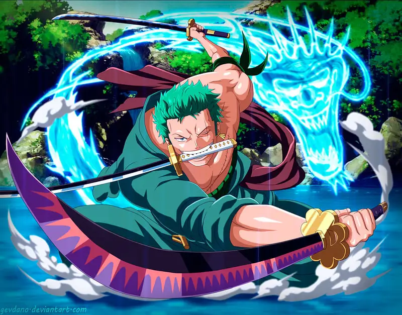 Gambar Zoro menggunakan tiga pedangnya