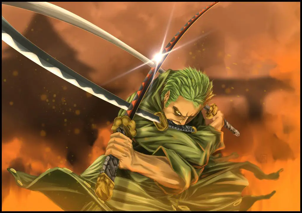 Gambar Zoro dengan gaya tiga pedangnya