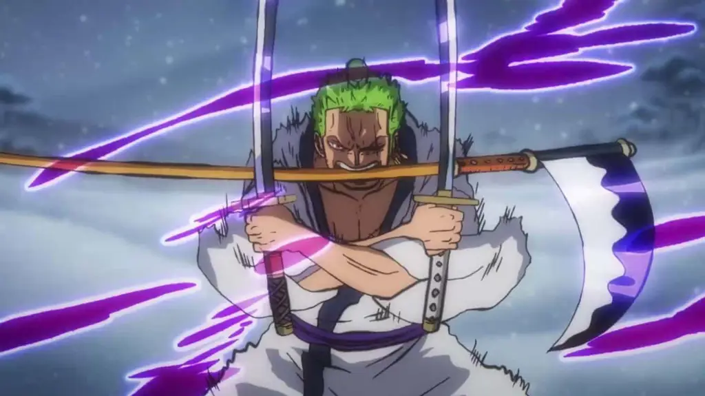 Gambar Zoro bertarung dengan gaya pedangnya yang unik