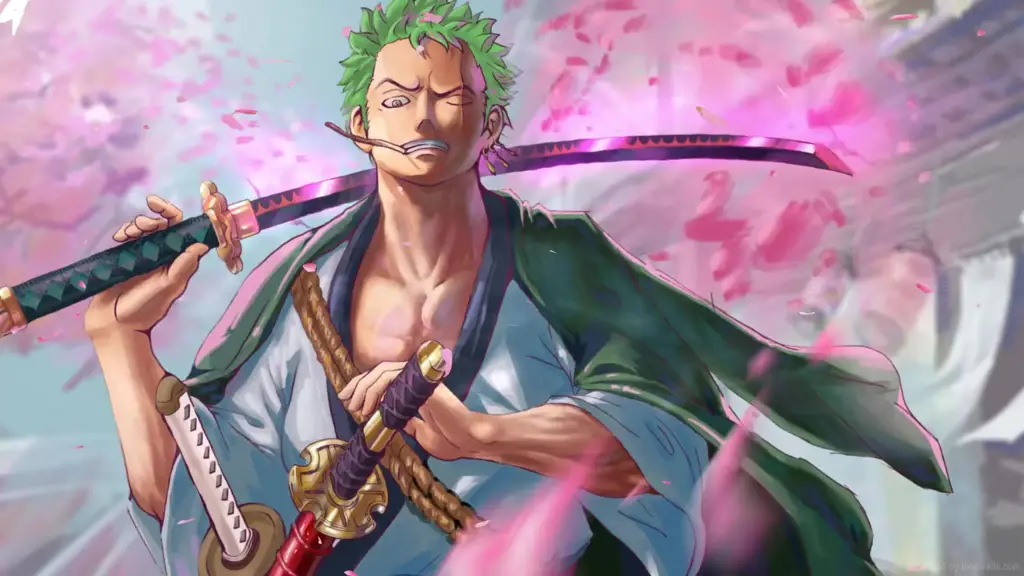 Gambar Zoro menggunakan tiga pedang