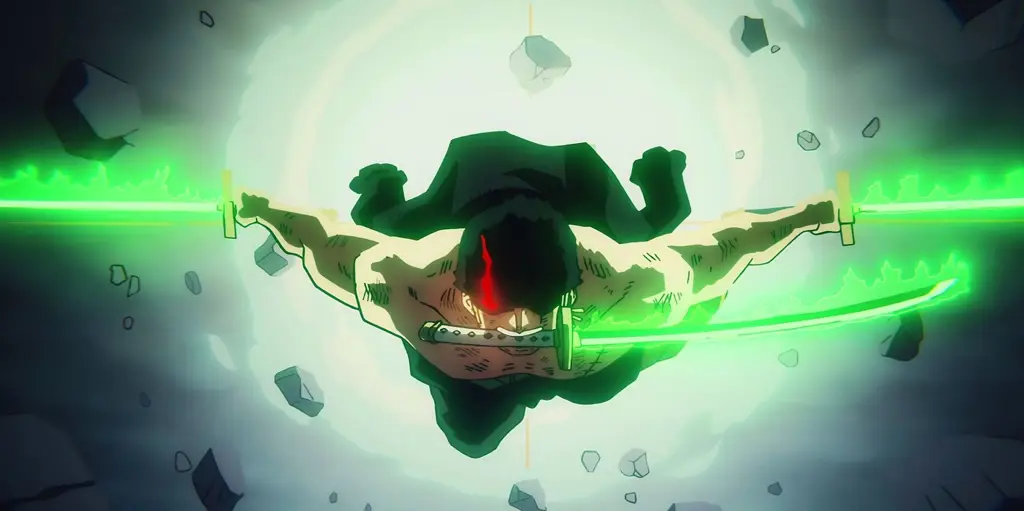Gaya bertarung Zoro yang luar biasa Zoro bertarung dengan gaya pedangnya yang khas