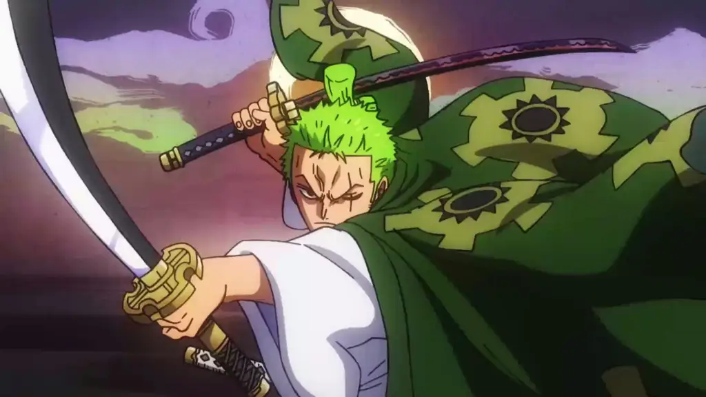 Gambar Zoro menggunakan gaya pedang tiga pedang