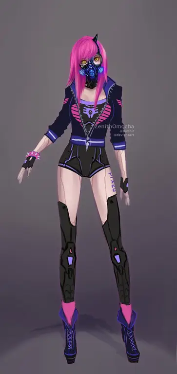 Pakaian dengan nuansa futuristik dan warna gelap, terinspirasi dari anime cyberpunk