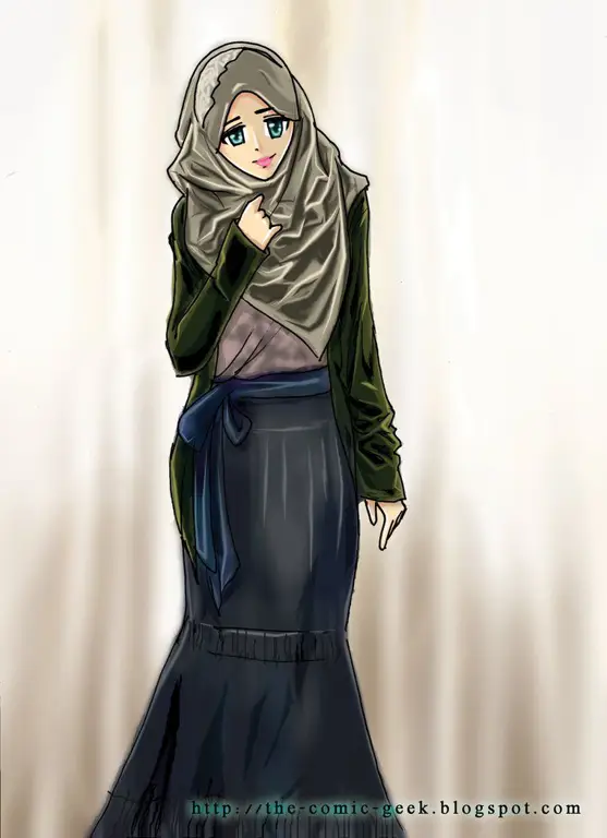 Ilustrasi anime perempuan berhijab dengan fashion yang stylish