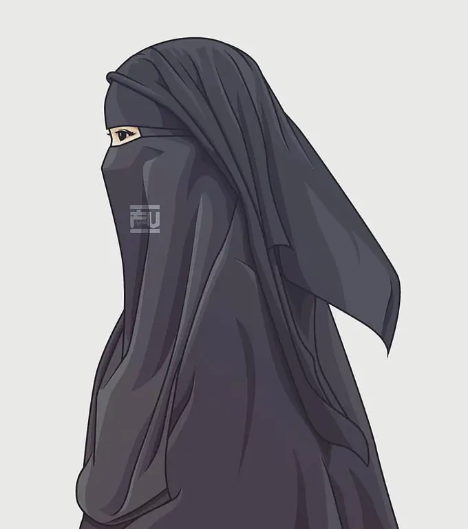 Ilustrasi gadis anime yang mengenakan niqab dan pakaian modis