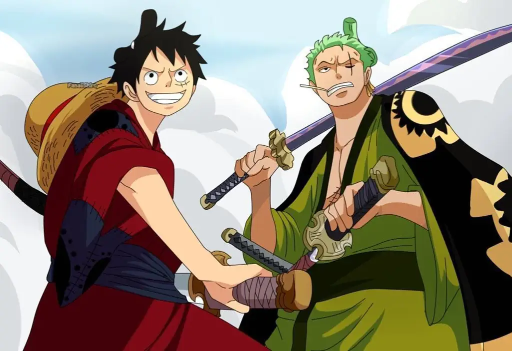 Gambar Zoro menggunakan tiga pedangnya