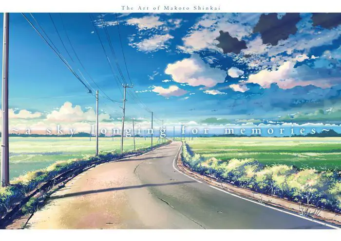 Ilustrasi yang menggambarkan gaya seni khas Makoto Shinkai