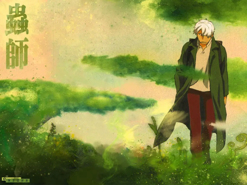 Ginko, tokoh utama dalam anime Mushishi, sedang mengamati Mushi.