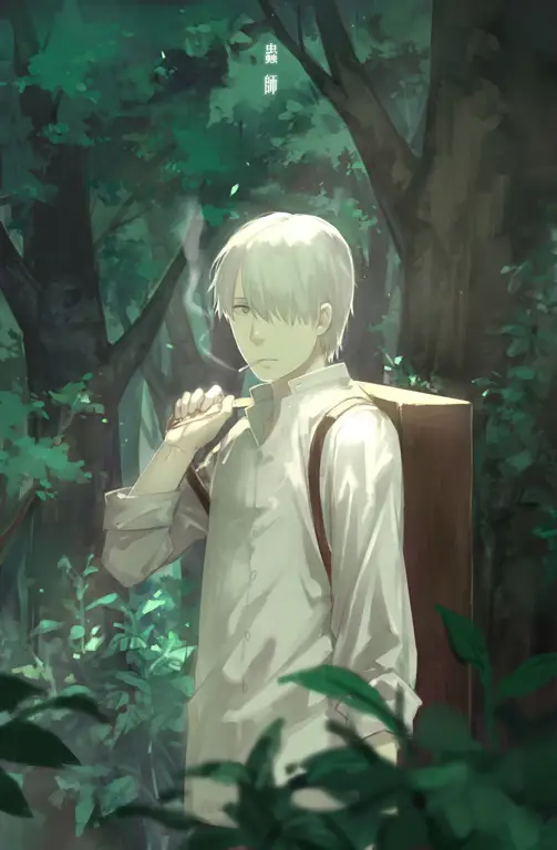 Gambar Ginko, tokoh utama dalam Mushishi, sedang mengamati sebuah Mushi.