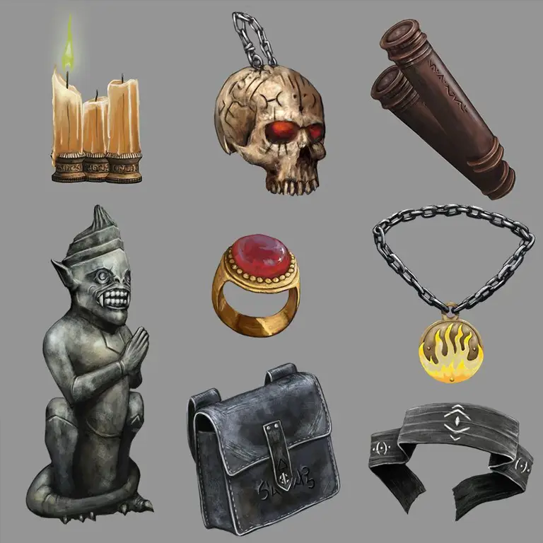 Harta karun dan item magis yang ditemukan di dalam dungeon Berbagai item magis yang berkilauan dan penuh kekuatan.