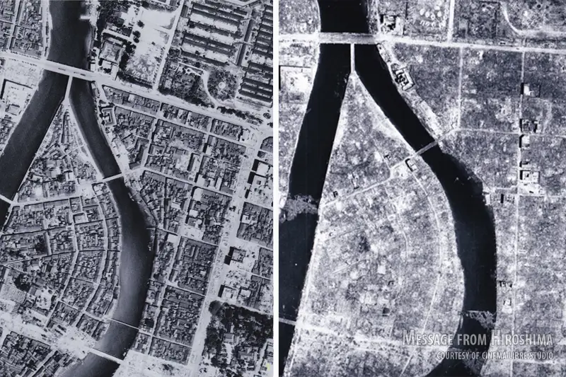 Gambar perbandingan Hiroshima sebelum dan sesudah pengeboman