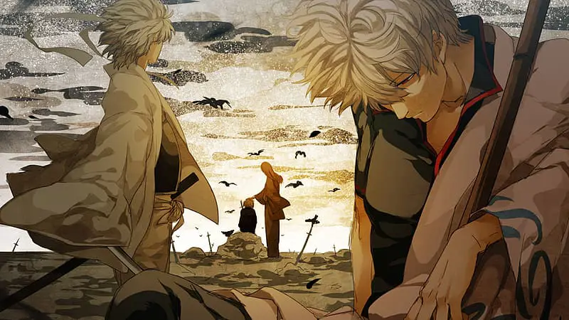 Gambar Gintoki dan Mitsuba dalam momen emosional