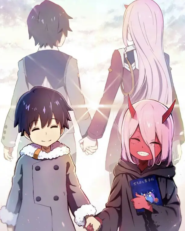 Gambar Hiro dan Zero Two, karakter utama dalam anime Darling in the Franxx