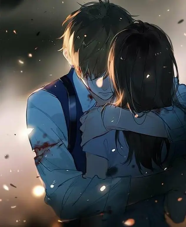 Ilustrasi pasangan anime yang romantis dan bahagia.