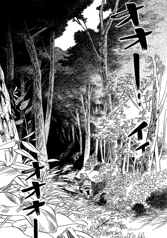 Ilustrasi hutan kuno dengan pohon-pohon besar dalam manga