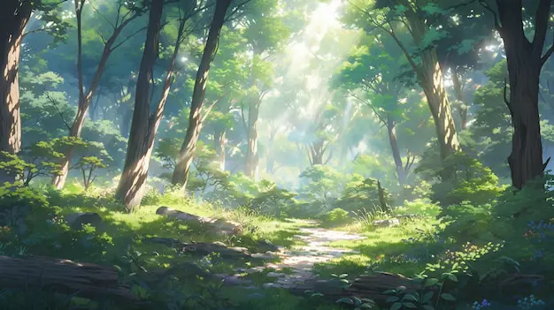 Pemandangan hutan dengan gaya anime