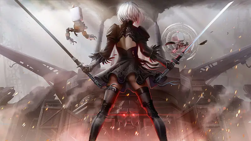 Ilustrasi karya seni 2B dari game Nier Automata