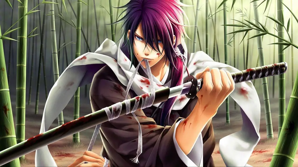 Ilustrasi anime laki-laki dengan katana Foto anime laki-laki dengan katana