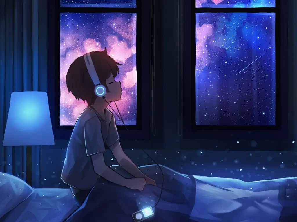 Ilustrasi anime laki-laki sedang mendengarkan musik Foto anime laki-laki dengan headphone