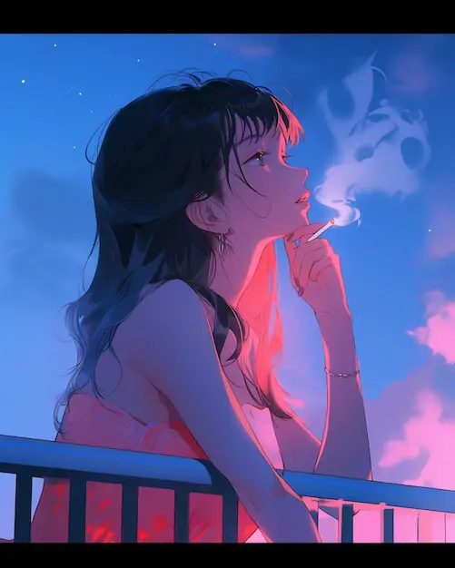 Gambar anime perempuan dengan rokok dan ekspresi berpikir