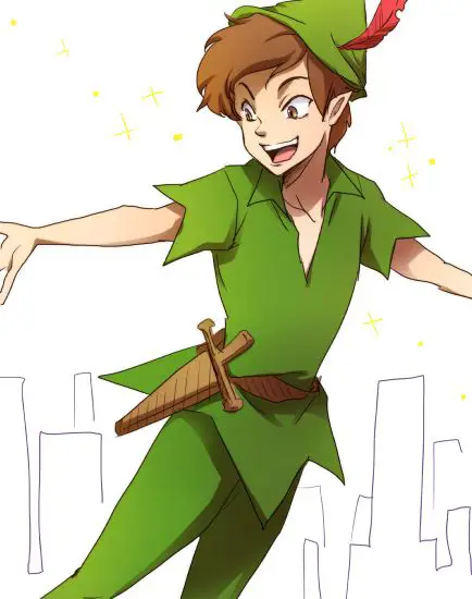 Ilustrasi seorang anak laki-laki bergaya anime dengan pakaian Peter Pan