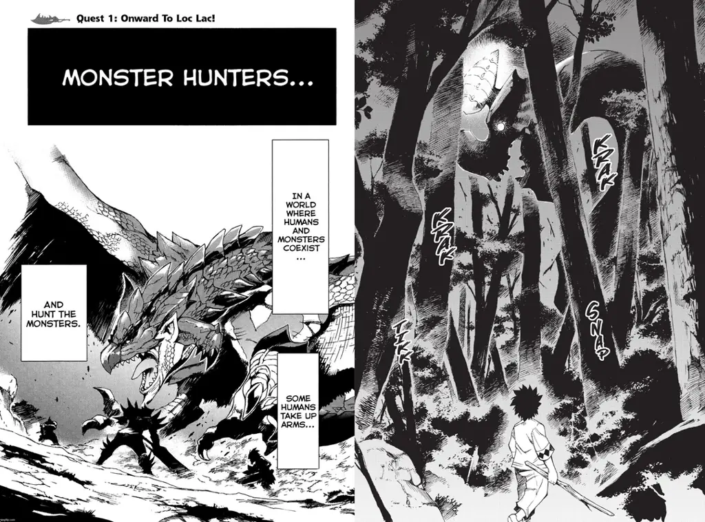 Panel-panel manga pemburu monster yang menampilkan berbagai monster dan karakter