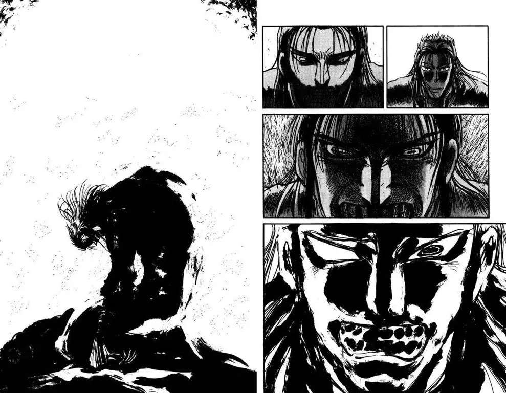 Panel-panel manga Karakuri Circus yang menampilkan karakter dan karakuri