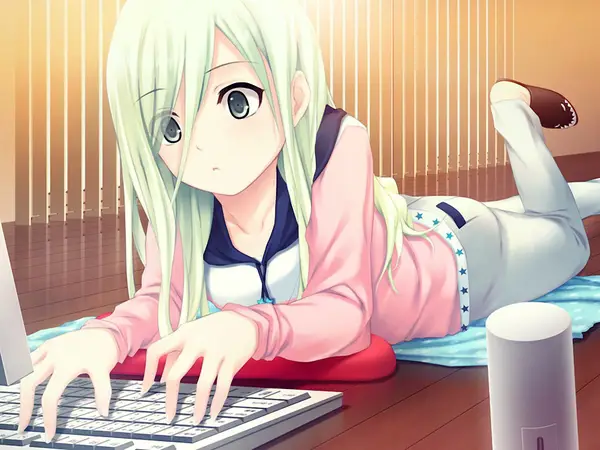 Ilustrasi gadis anime sedang bermain game PC