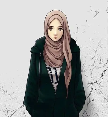 Gambar ilustrasi gadis anime dengan gaya busana muslim yang imut