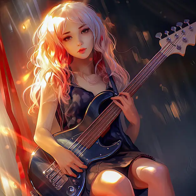 Gambar gadis anime yang lucu sedang memainkan gitar