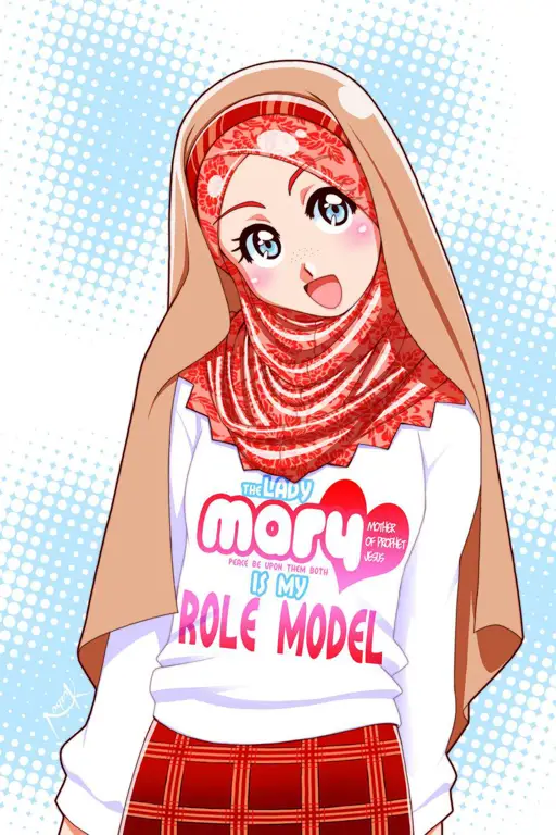 Ilustrasi gadis anime imut mengenakan hijab