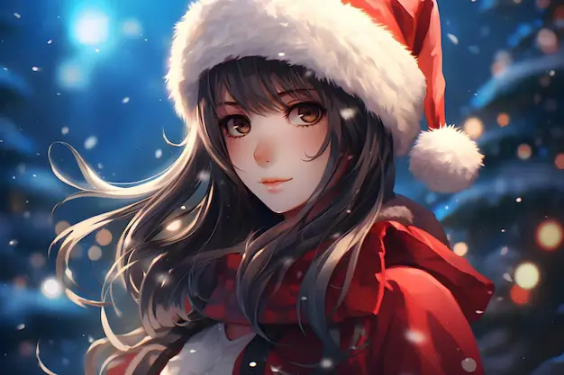 Gambar gadis anime dengan topi Natal