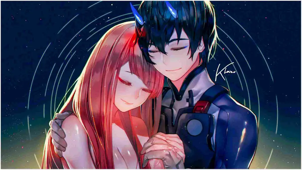 Ilustrasi anime komedi romantis yang menunjukkan pasangan sedang berpelukan