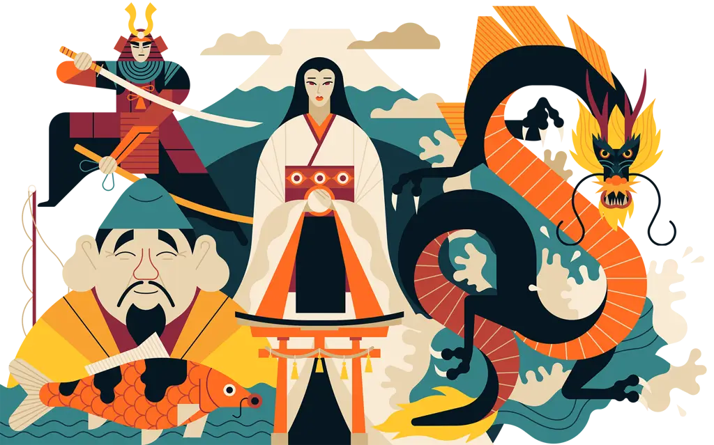 Ilustrasi karakter mitologi Jepang yang menantang para dewa