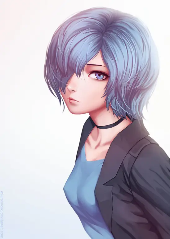 Gambar seorang gadis anime dengan rambut pendek dan mata biru