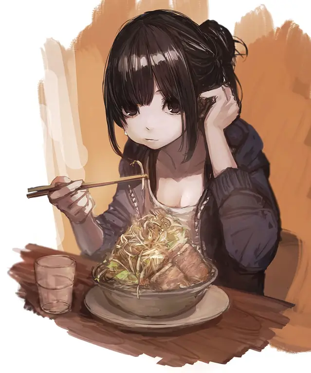 Gambar karakter anime sedang makan banyak makanan