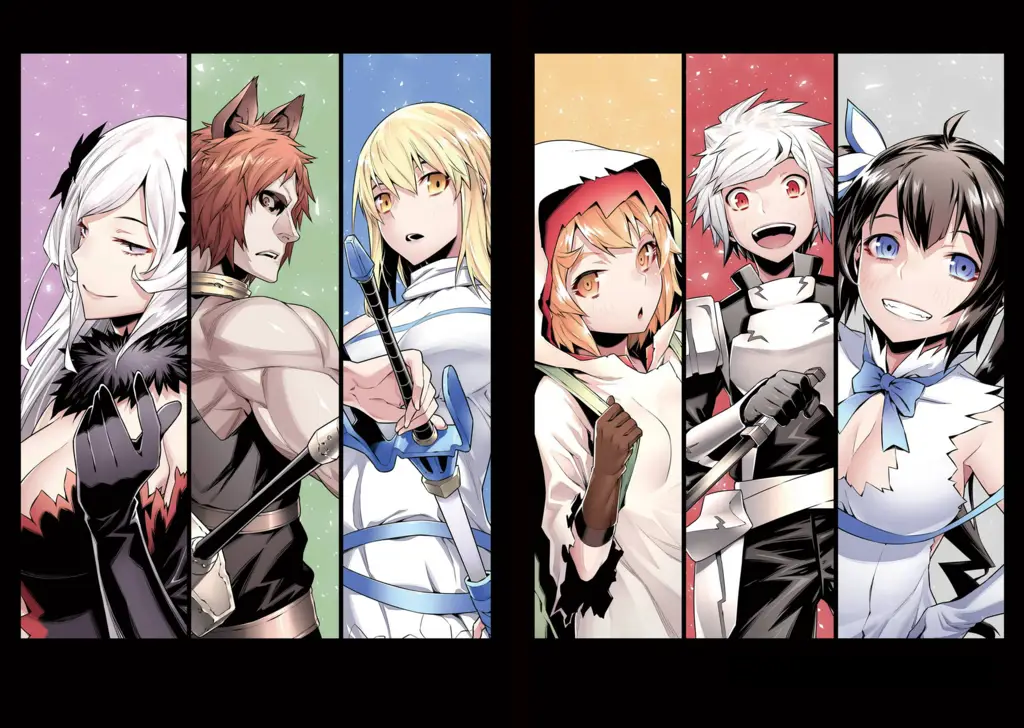 Ilustrasi karakter Danmachi, seperti Bell, Hestia, Ais, dan lain-lain.